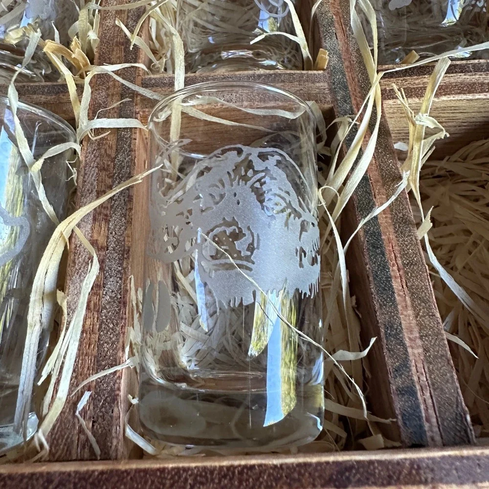 Krosno Poland Big 5 African Wildlife Etched Shot Glass Set 5pc Slatted Wood Box